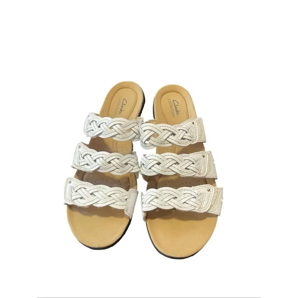 Clarks Womens White Laurieann Rio Leather Braided Slide Sandals Size 11